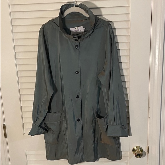 Janska Iridescent Gray Rust Green Snap Front Detachable Hood Rain Trench Coat - Picture 1 of 13